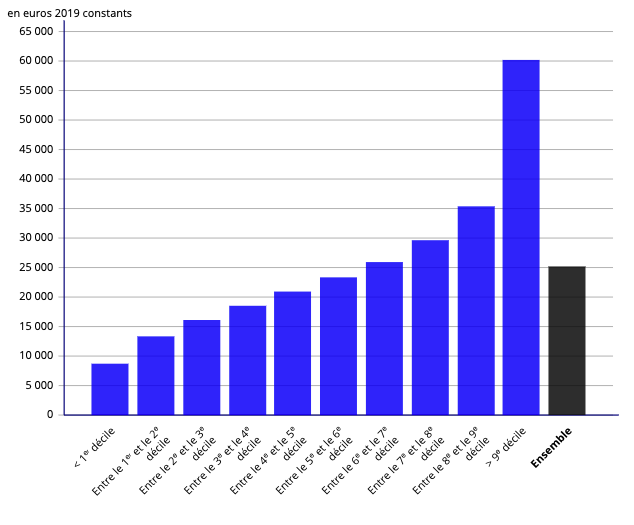 Graphique représentant le niveau de richesse des français par regroupement de 10%. Les plus pauvres on 8000€ de revenus par an, ceux dans la moyenne 25000€ et les plus riche 60000€.