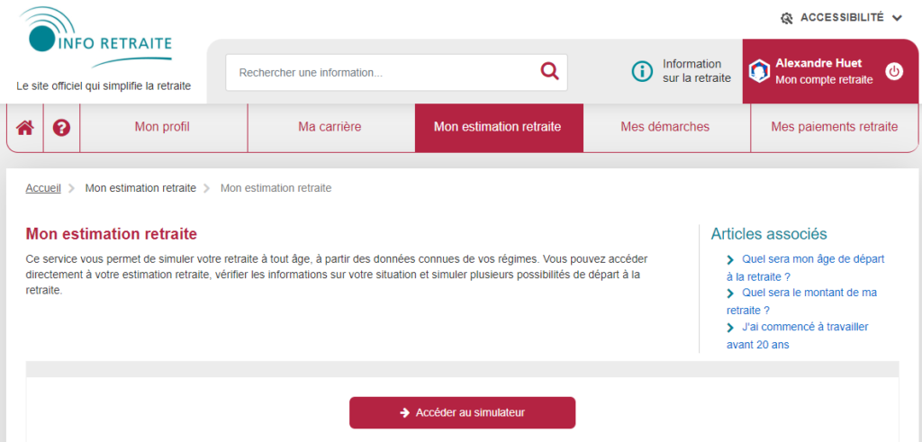 Page de la page info retraite qui permet d'accéder à l'outil de calcul pour estimer le montant et l'âge du départ à la retraite.