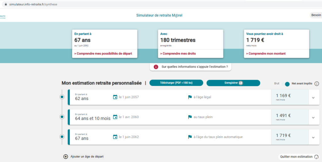 Résultat de la simulation de pension et âge de retraite.